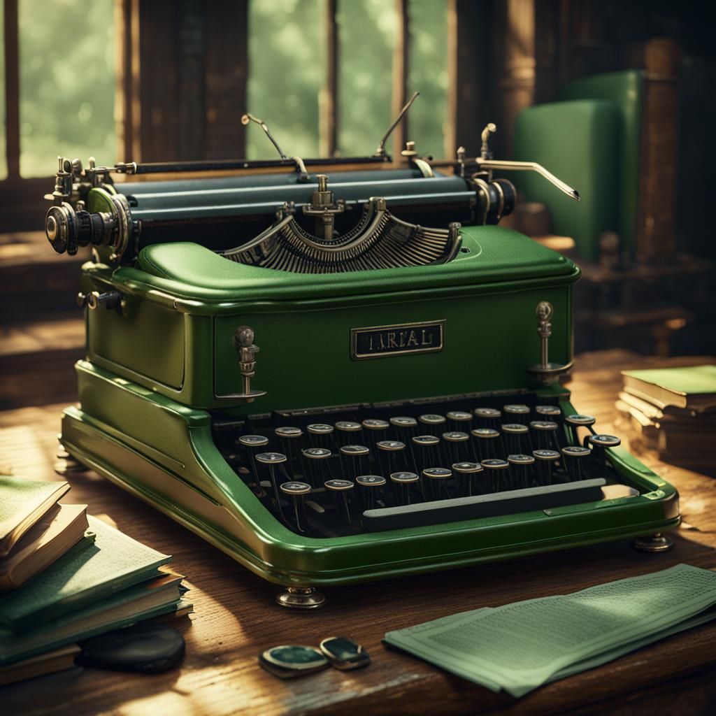 Vintage Green Typewriter on Oak Desk