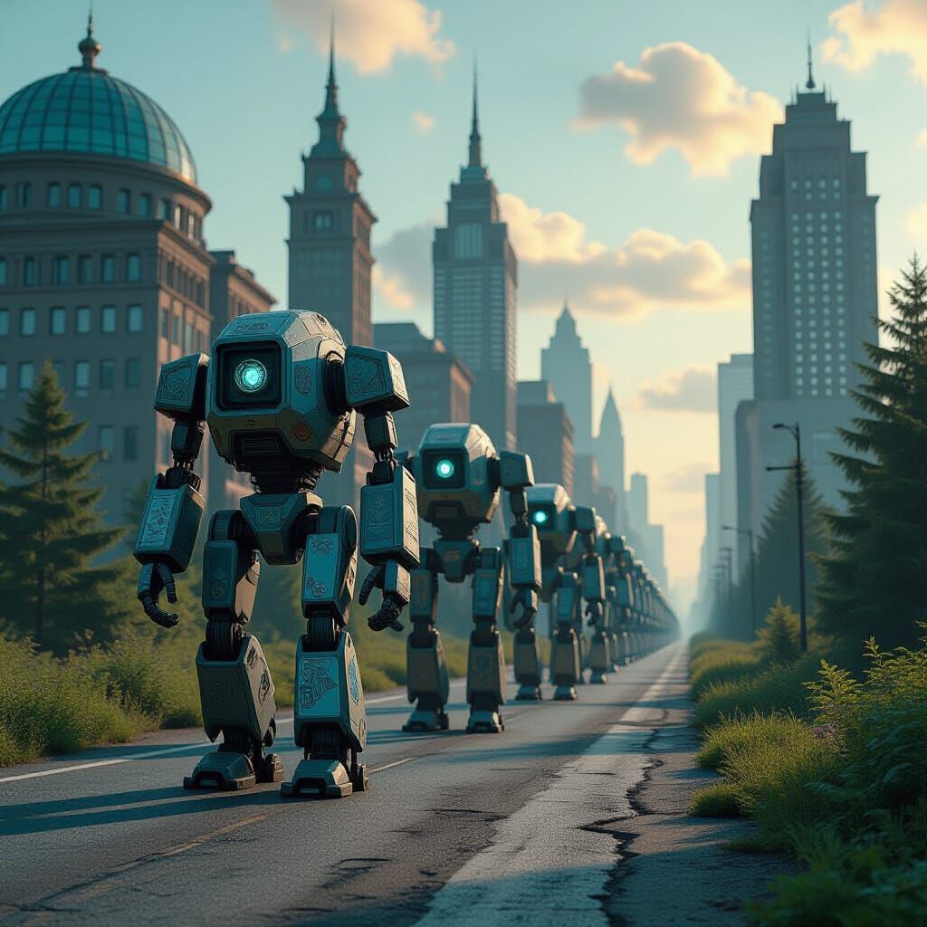 Nordic Robots in Dystopian Landscape: Digital Painting