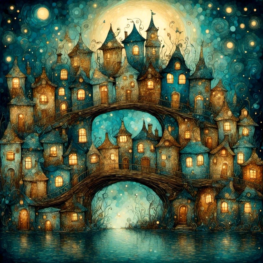 Whimsical Bridge with Wacky Houses in Art Brut Style