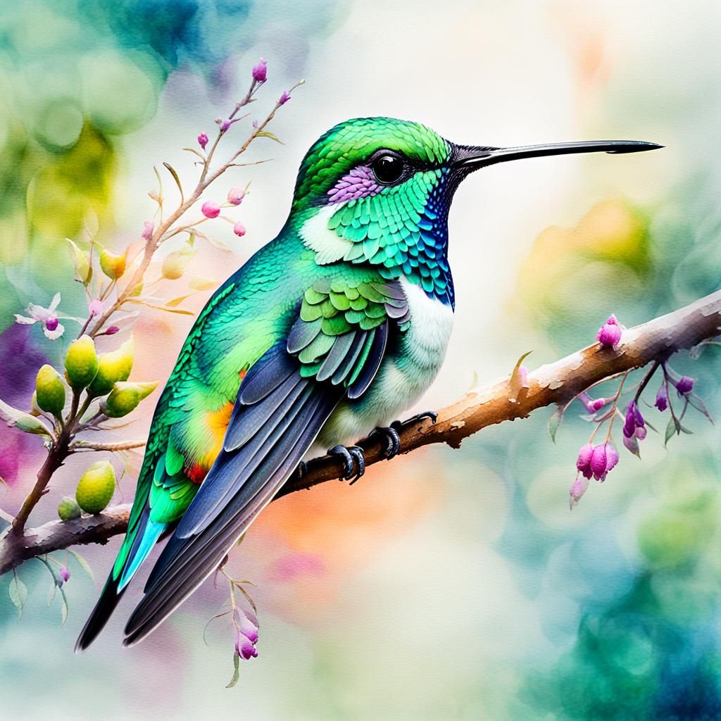 Hummingbird on Branch in Whimsical Romanticism Style