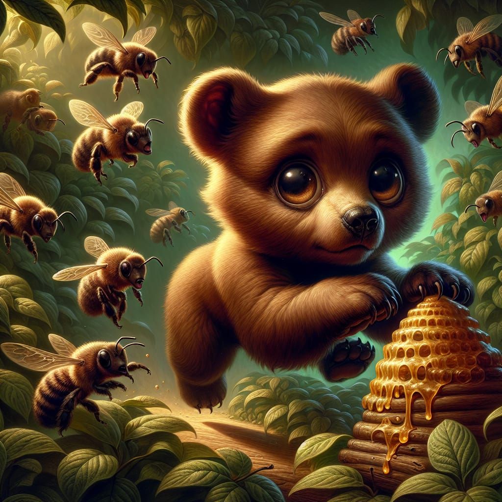 Frightened Bear Cub Running with Beehive, Oil Painting