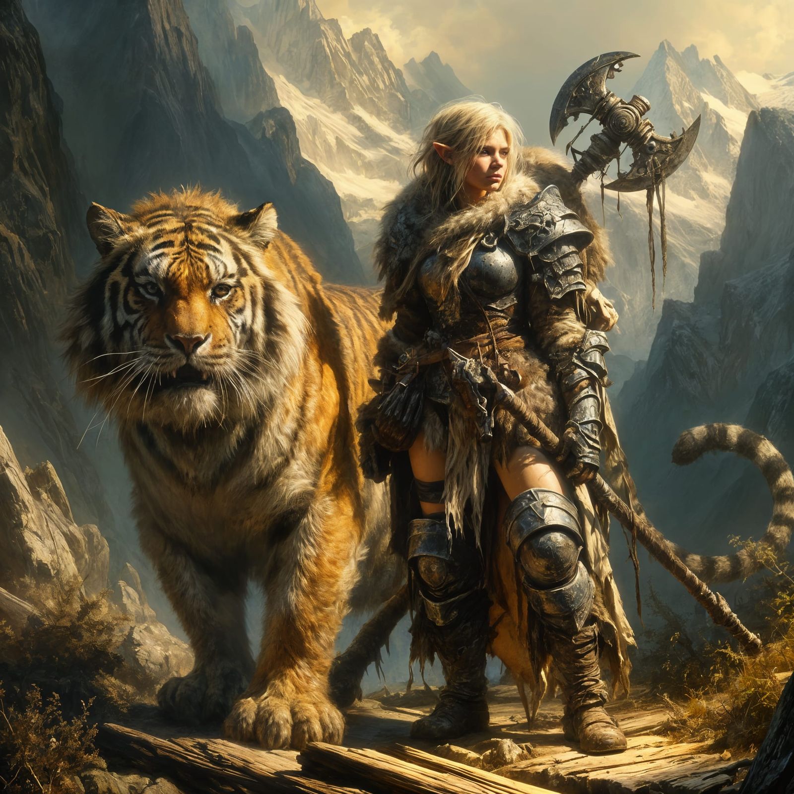 Elf and Tiger on Mountain Trail: Renaissance Oil Painting