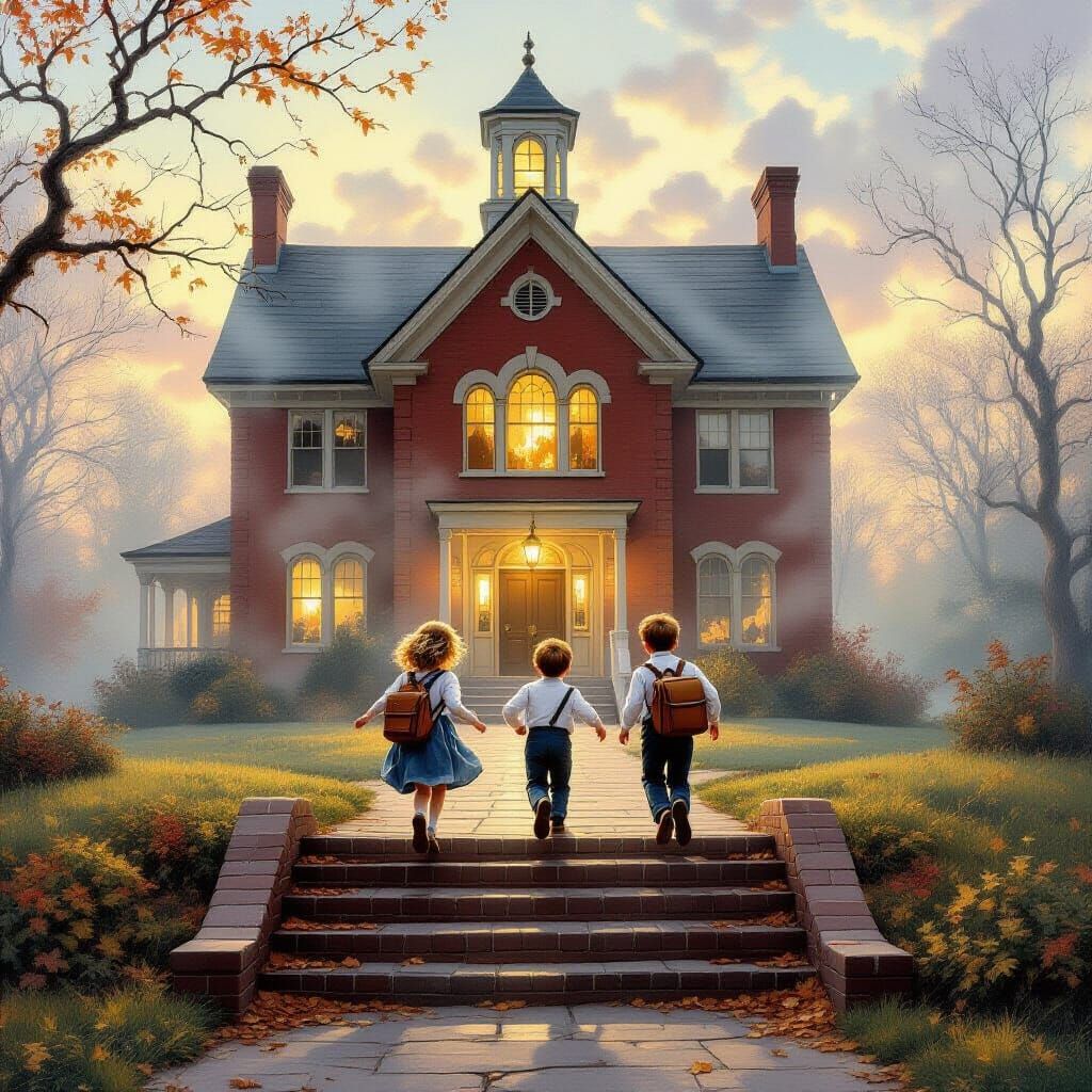 1950s Children Joyfully Leave Schoolhouse in Ethereal Mist
