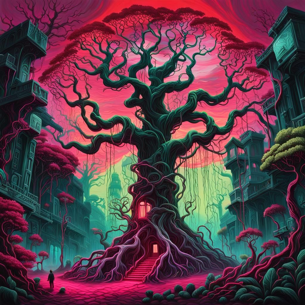 Macabre Neon Jungle: Skeletal Tree Gouache Painting