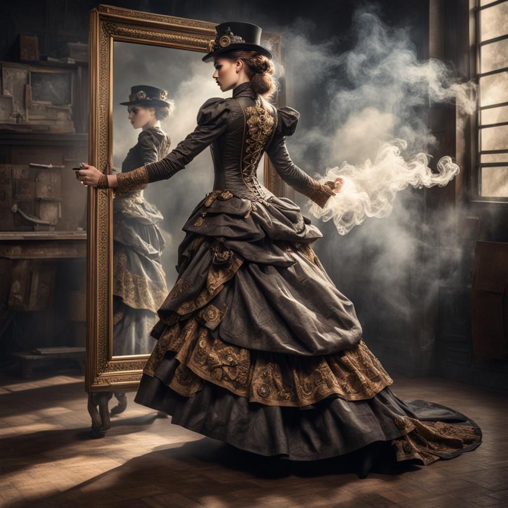 Steampunk Model Stepping Through Mirror in Hyperreal Photo