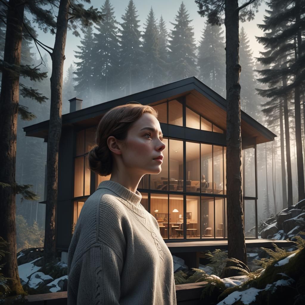 Cozy Cottage in Dark Forest: Fantasy Concept Art