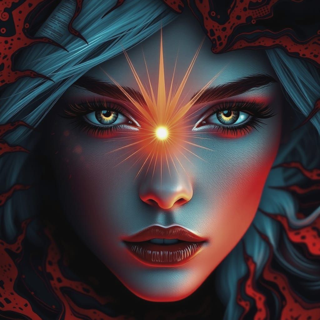 Ethereal Portrait in Vibrant Blues and Reds