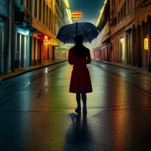 Hyperrealistic Girl with Umbrella on Street