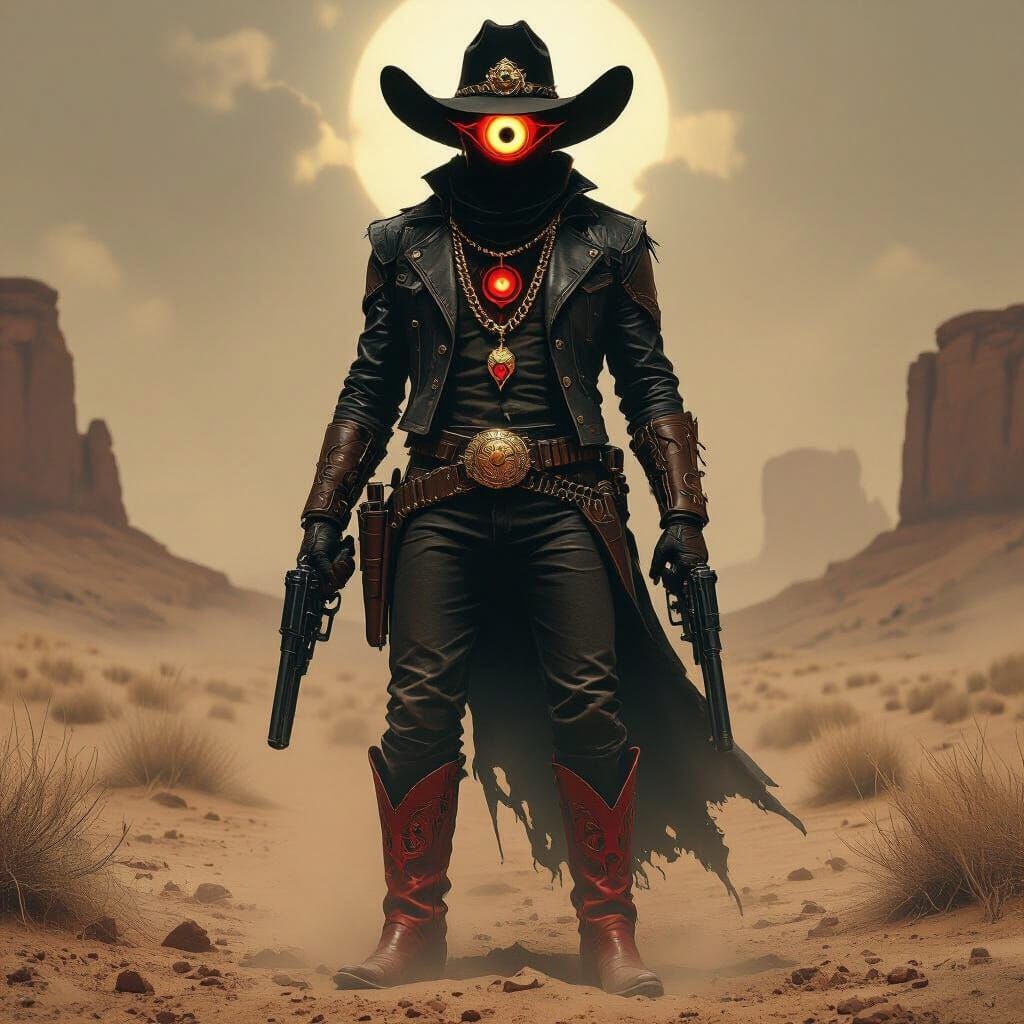 Cowboy Cultist in Dusty Landscape with Glowing Eye