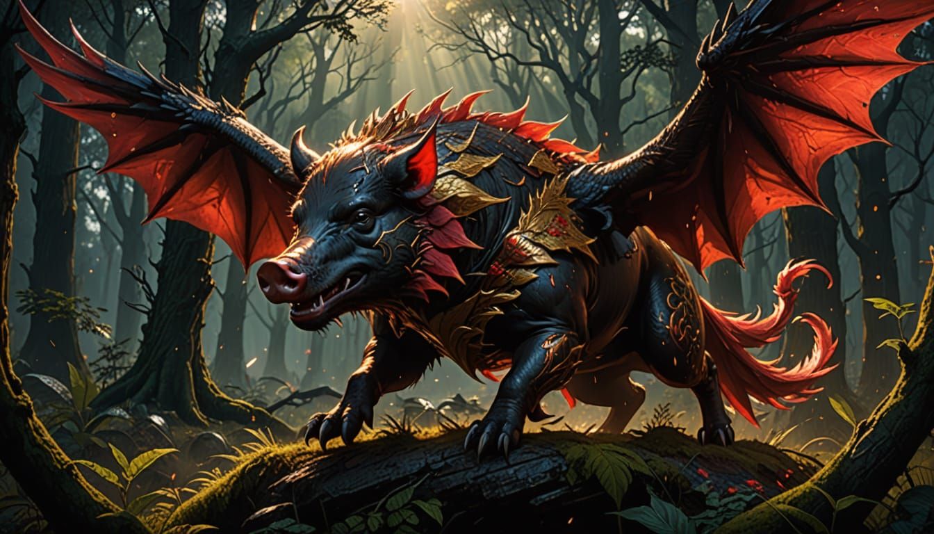 Epic Dragon Protects Young in Dark Forest
