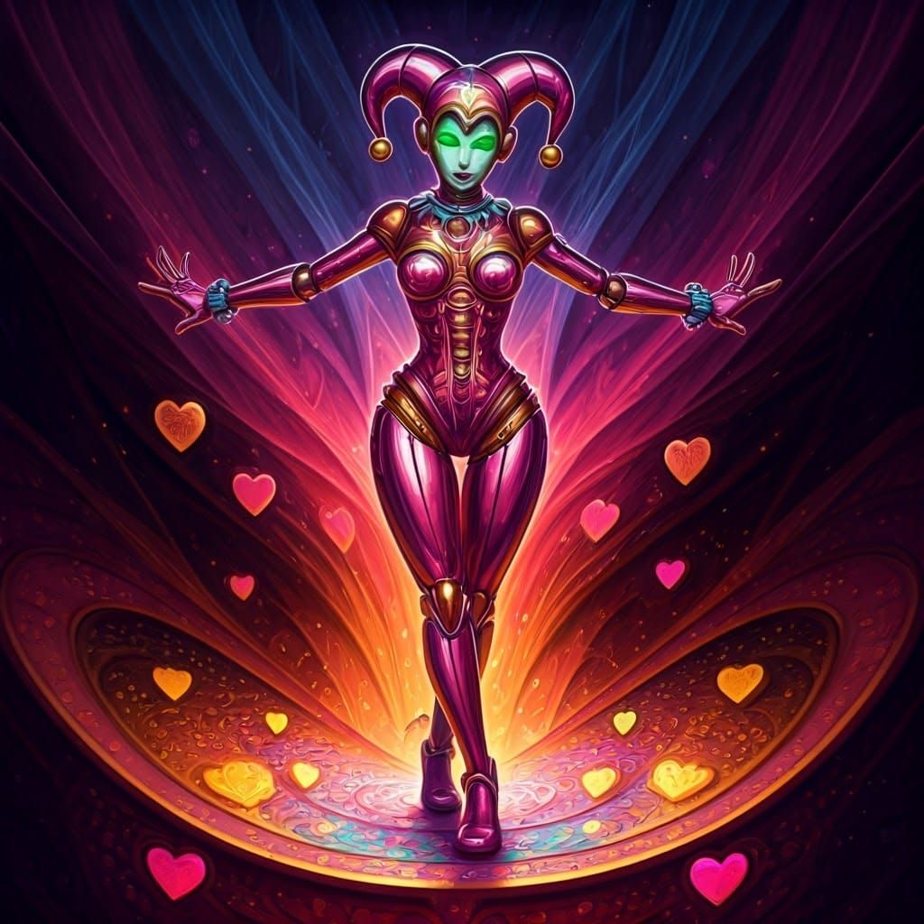 Glowing Android Jester Dances in Vibrant Watercolor