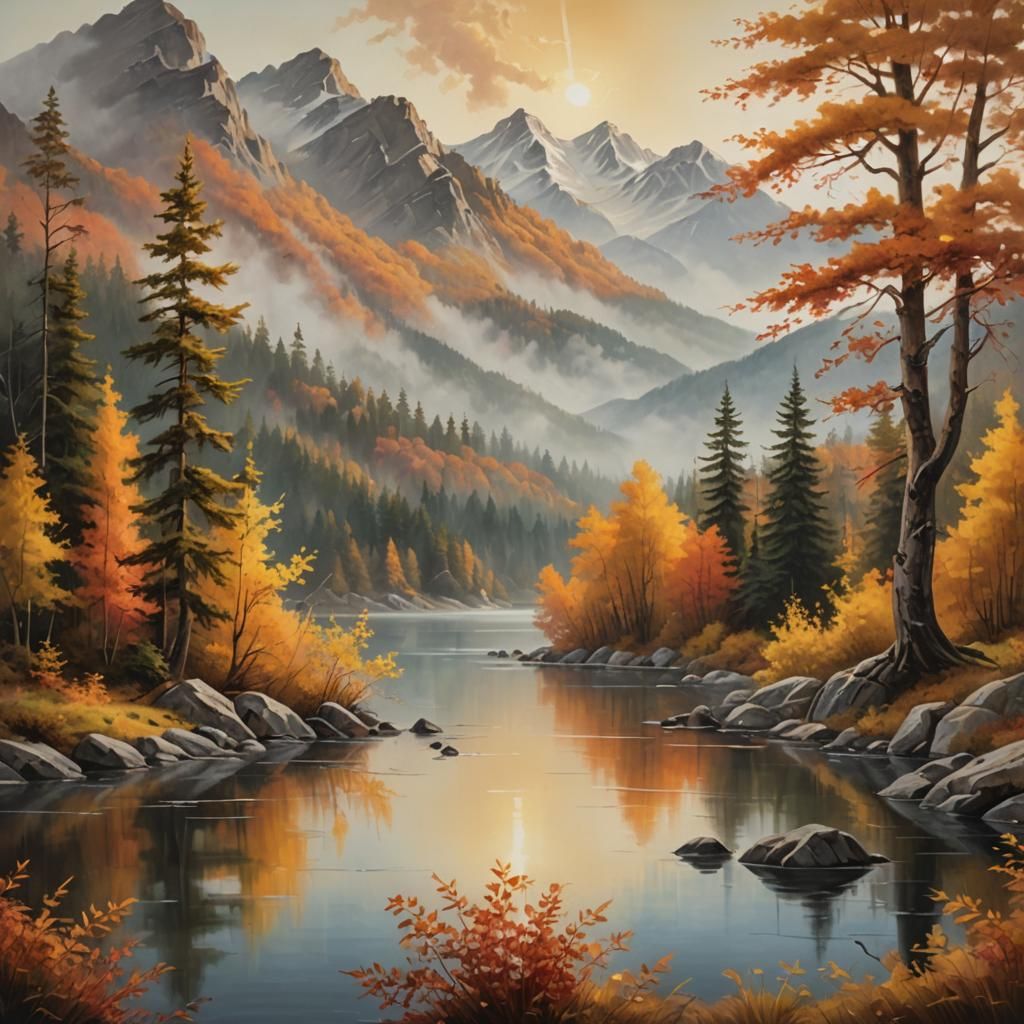 Autumn Mountain Lake in Vibrant Oil Painting Style