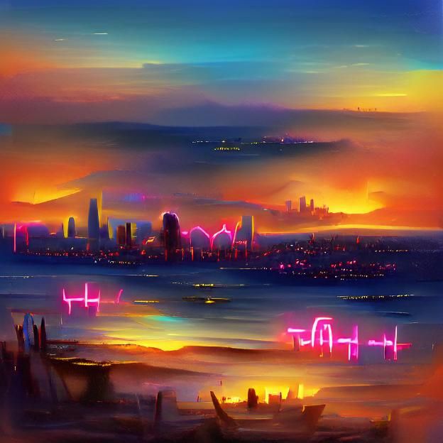 Neon City Sunset: Ocean Meets the Future