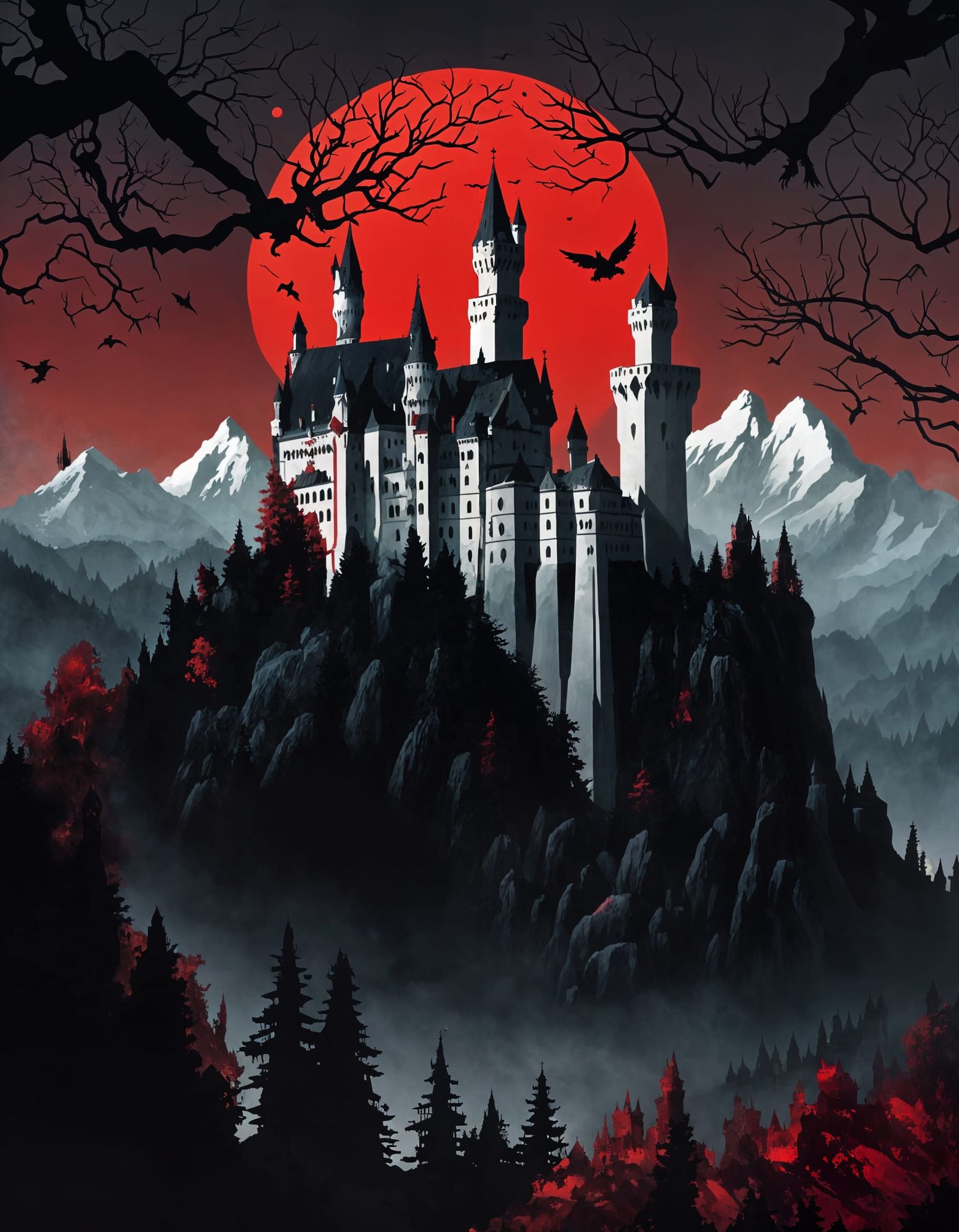 Dark Fantasy Castle Under a Blood Red Moon