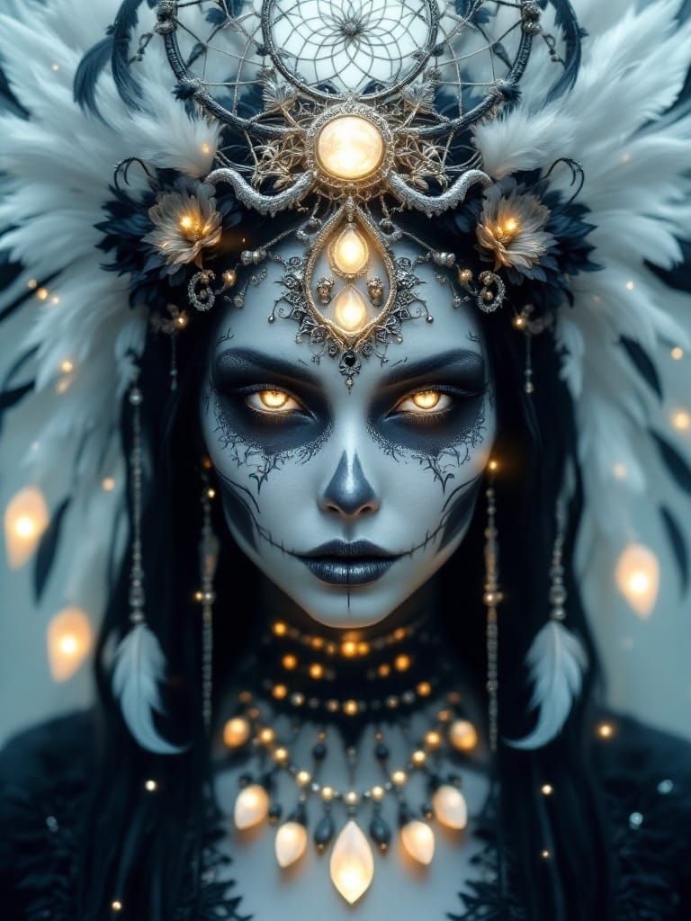 Ethereal Spirit Priestess in Sugar Skull Makeup with Dreamca...