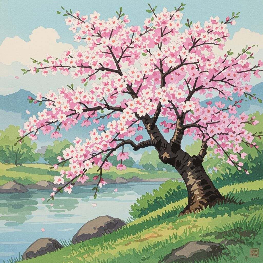 Cherry Tree in Bloom: Japanese Art Style