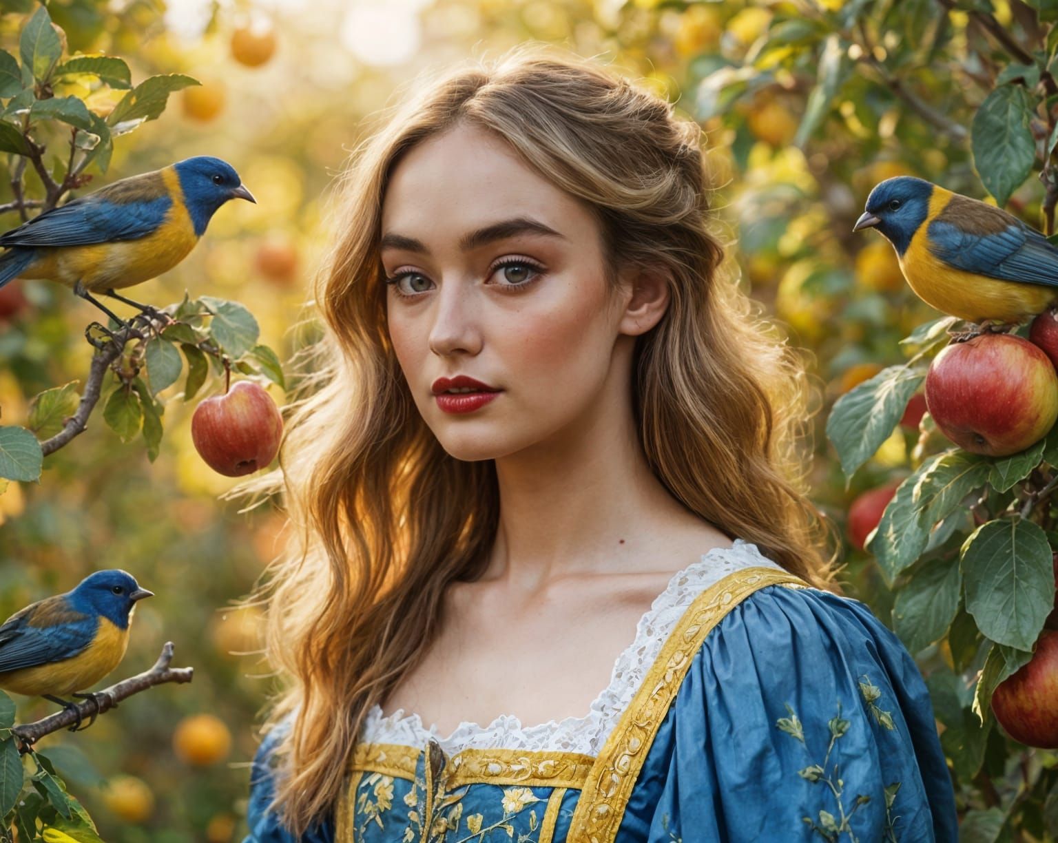 A young woman inspired by the classic tale of Snow White, with porcelain skin, long black hair, and striking blue eyes, ...