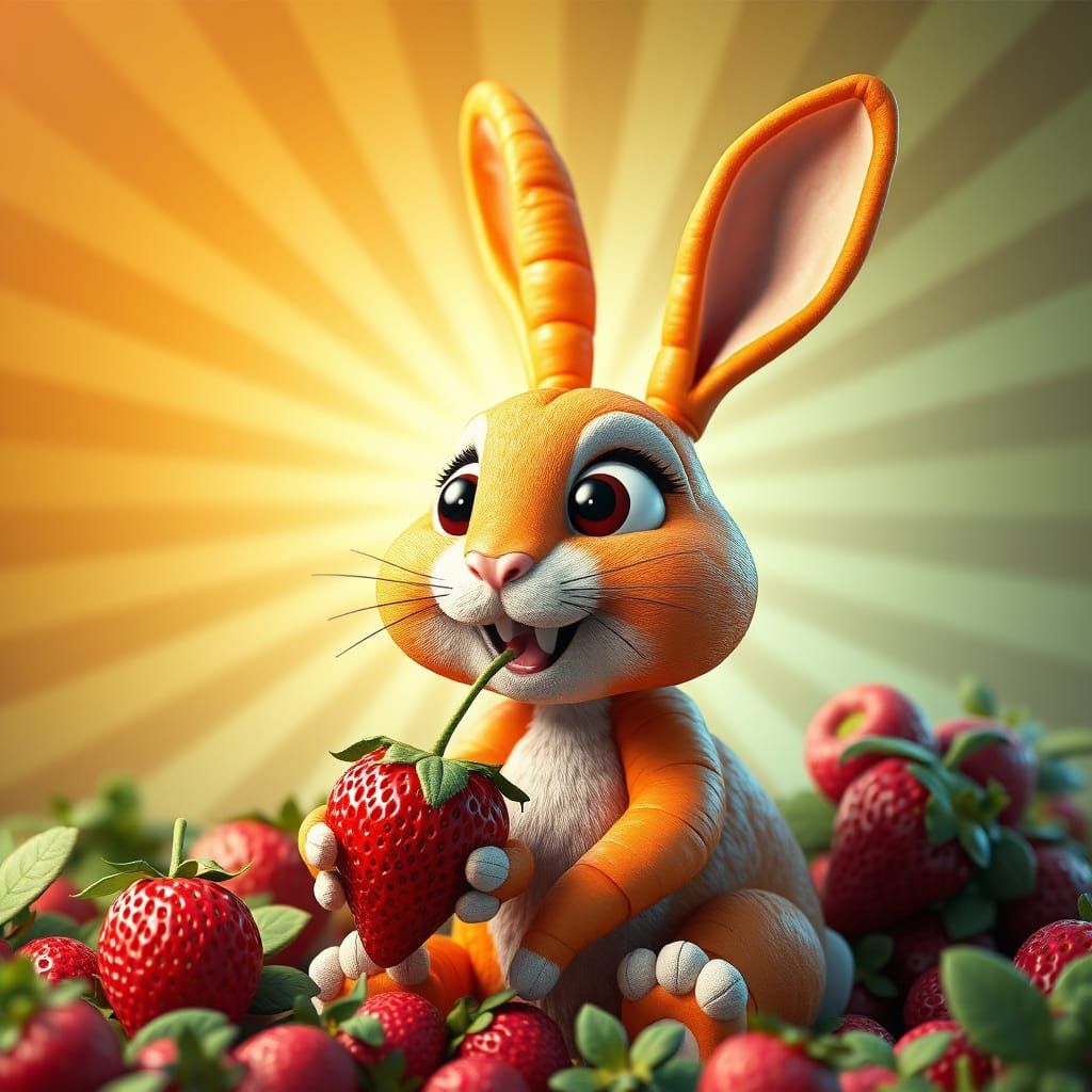 Surreal Whimsical Rabbit Savoring Strawberry Delight