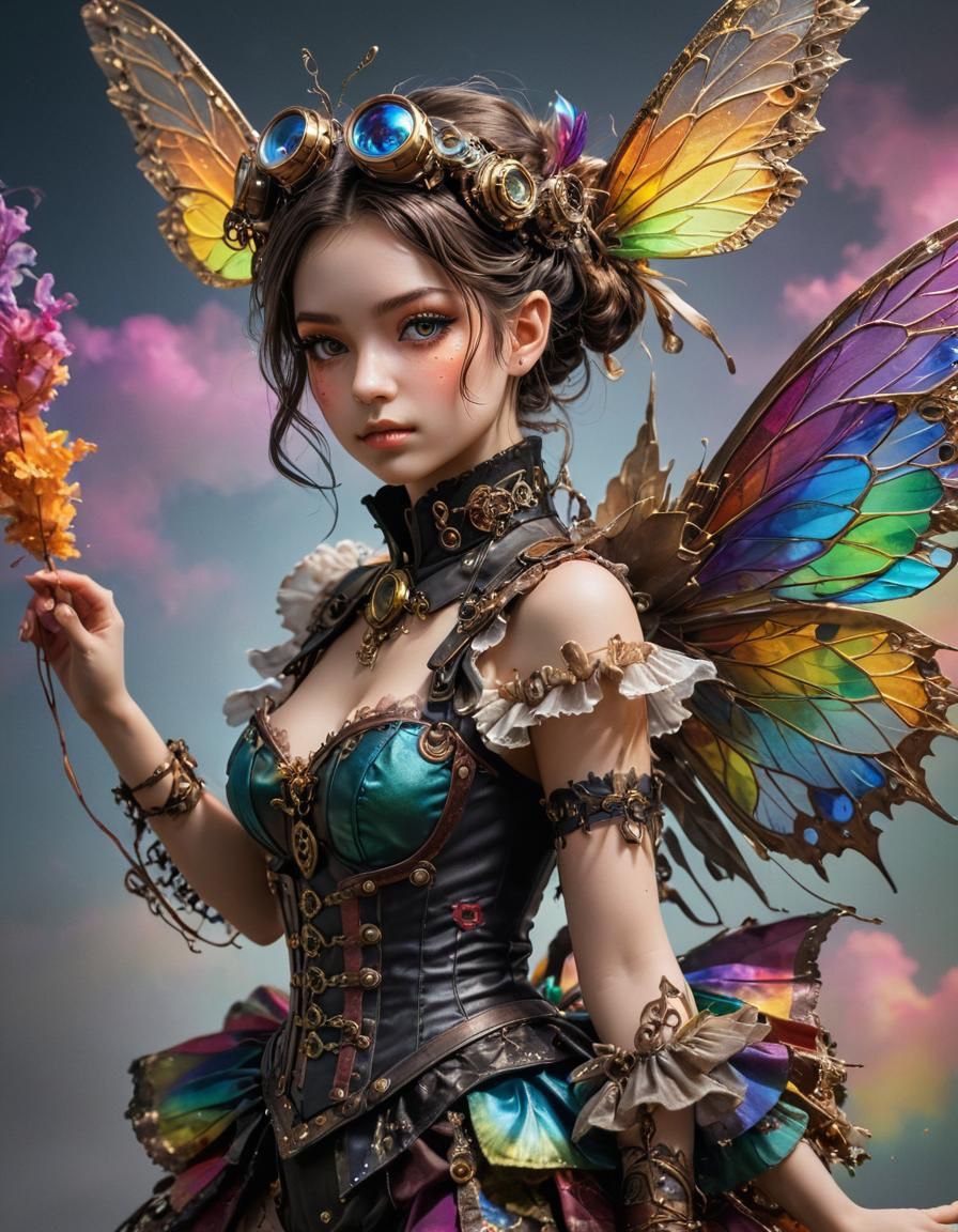 Steampunk Fairy Flies Through Rainbow Clouds