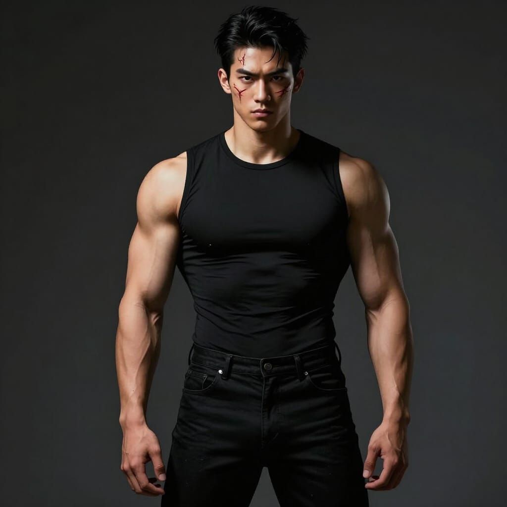 Muscular Asian Man with Vivid Scar, Dramatic Lighting