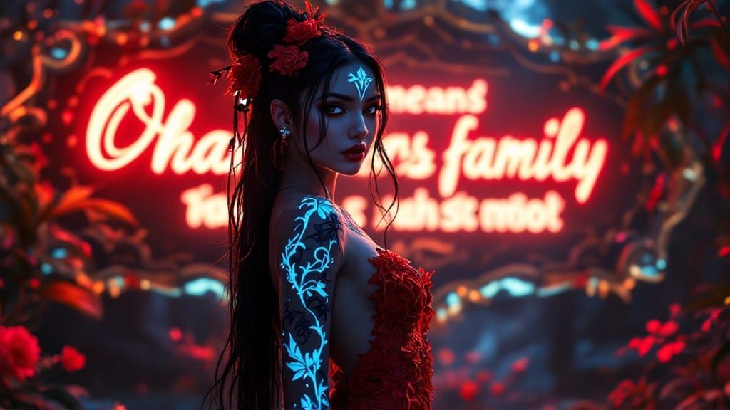 Ethereal Goth Goddess in Vibrant Neon and Crimson