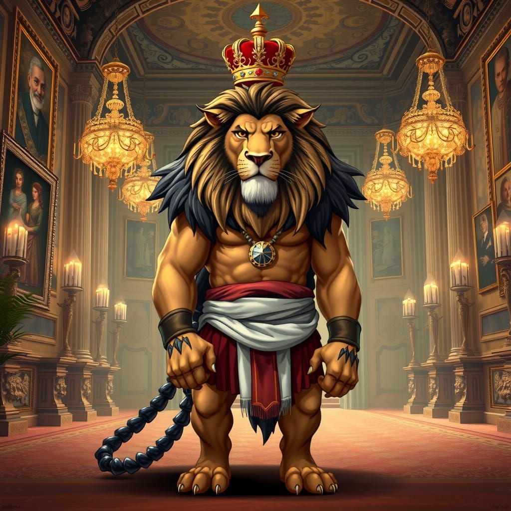 Majestic Lion-Scorpion in Ornate Hall: Cel-Shaded Manga