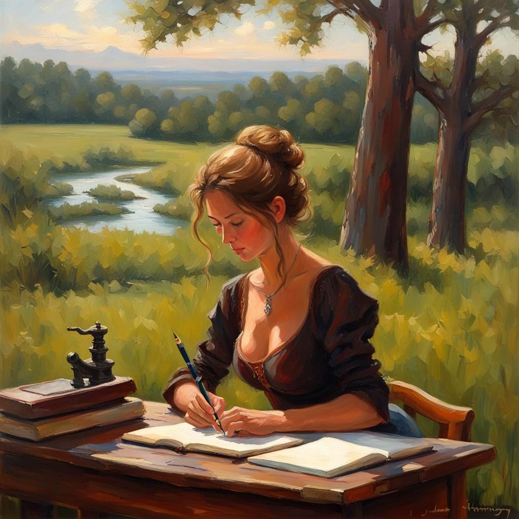Lady Writing with Fountain Pen in Meadow