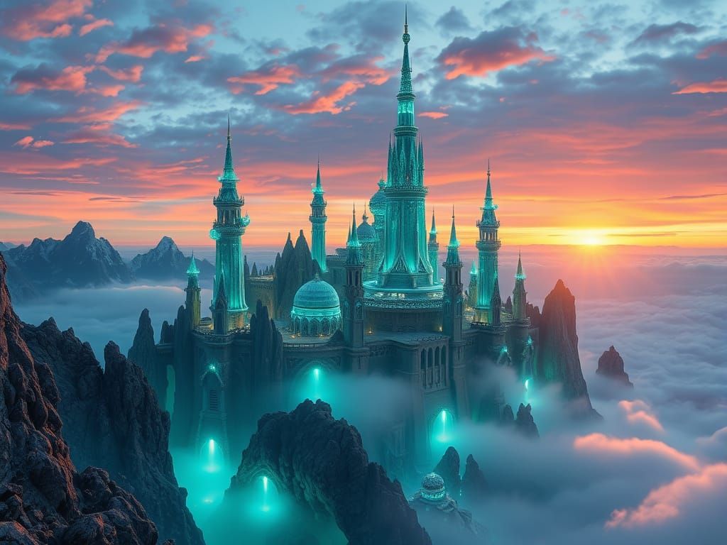 Surreal Sapphire Arcology City Touches Ethereal Clouds