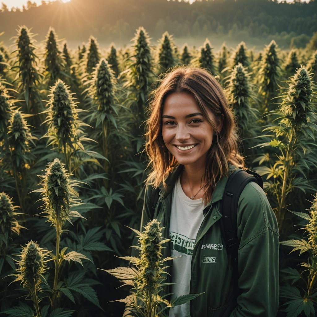 Girl Smiles in Cannabis Field at Sunrise