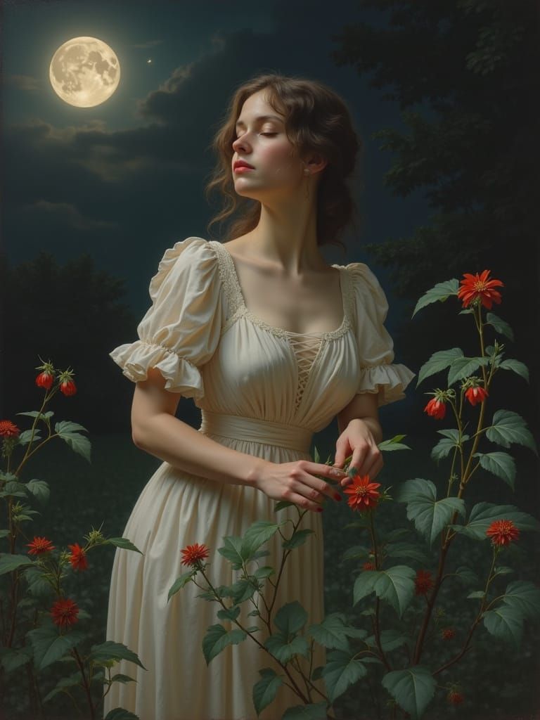 Woman Planting Nightshade in Moonlit Garden, Chiaroscuro Sty...