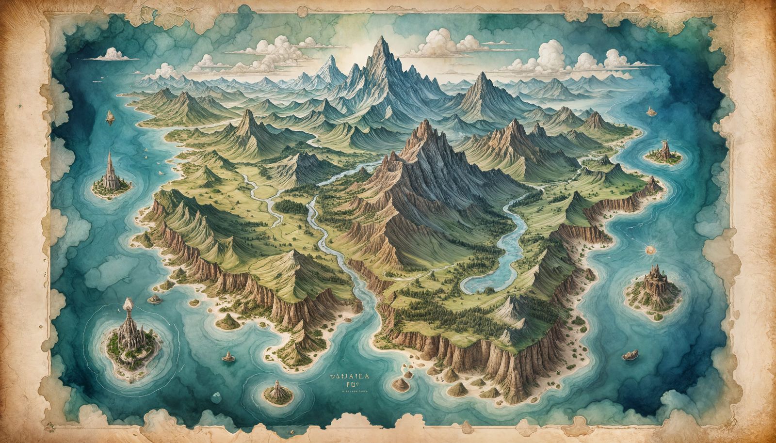 Fantasy Sky Continent Map in Watercolor Style
