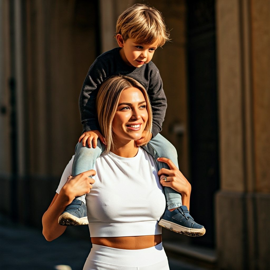 Blonde Italian Woman Carries Boy in Warm Sunlight