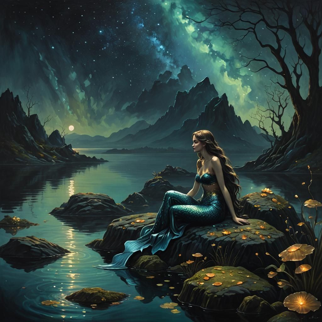 Mermaid in Black Lake: Dark Fantasy Oil Painting