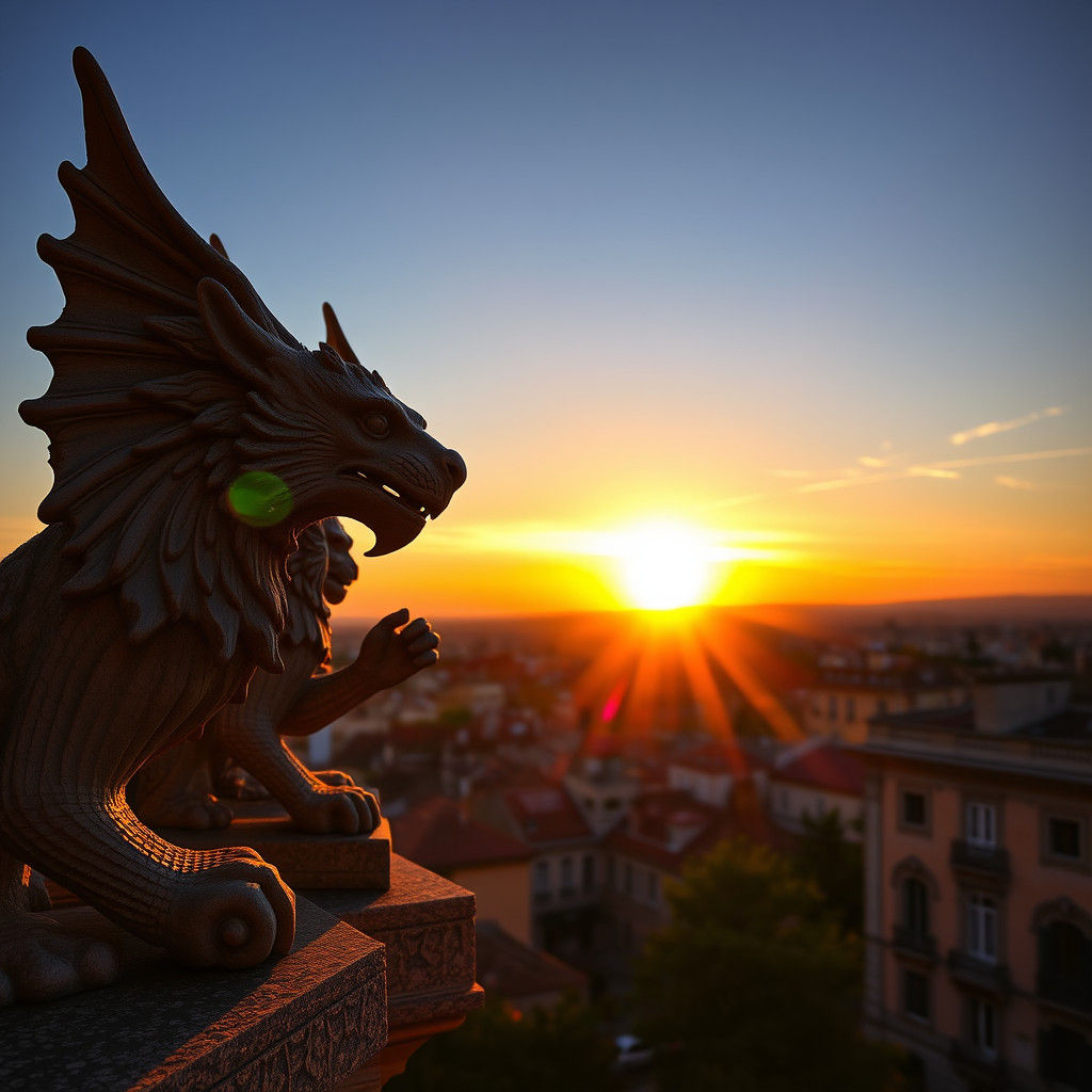 Vibrant Spanish Gargoyles Against Sunrise