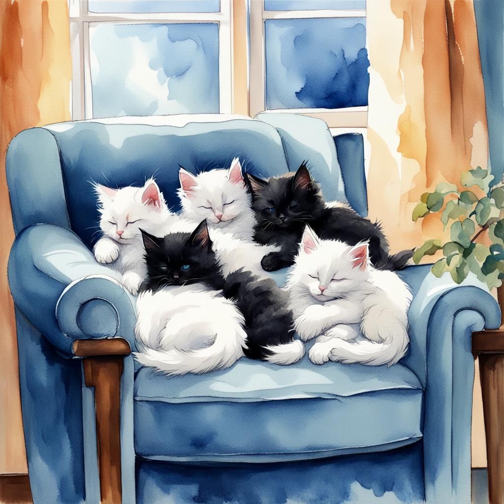 Sleeping Kittens in Blue Chair, Watercolor Background