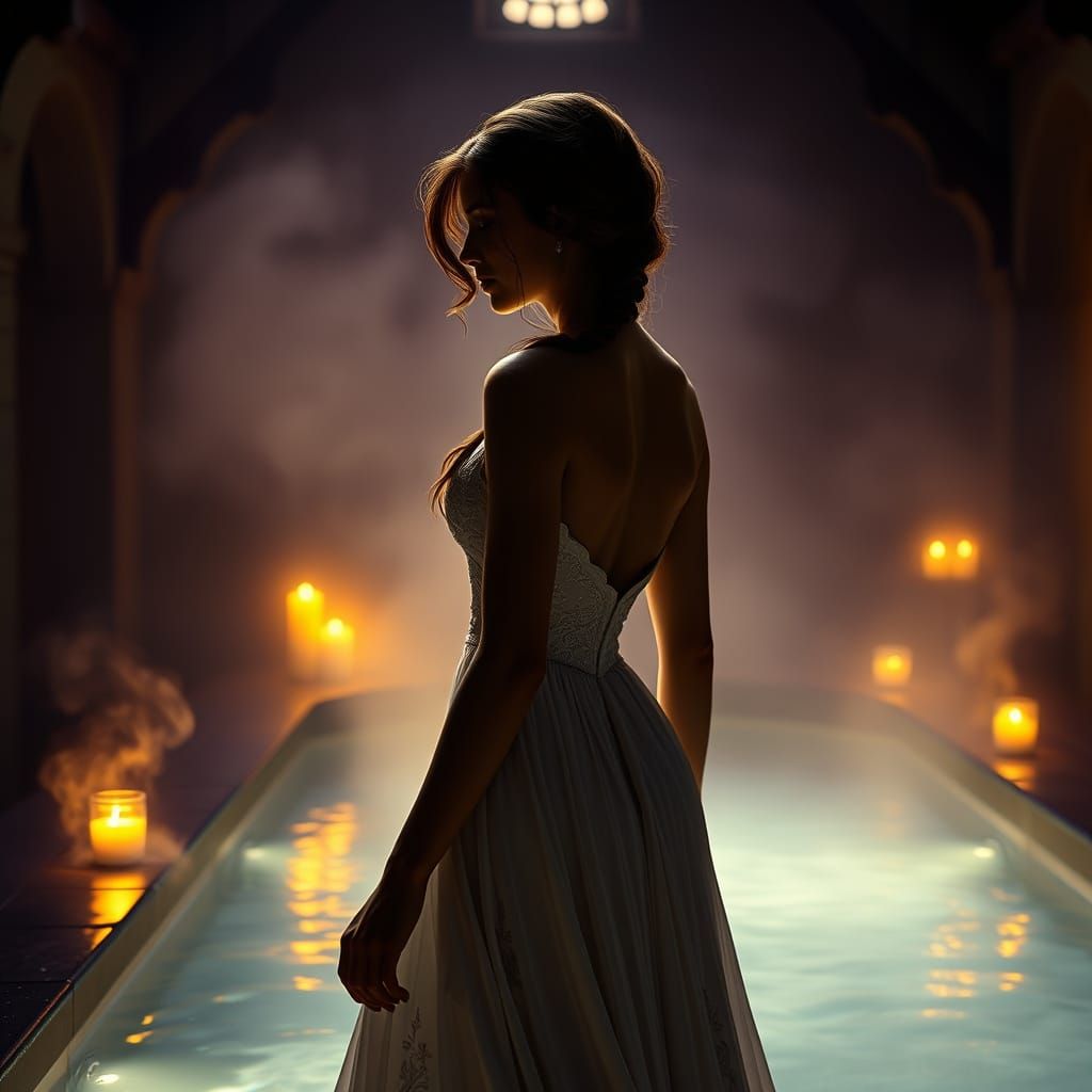 Medieval Woman Walks Towards Mystical Bath