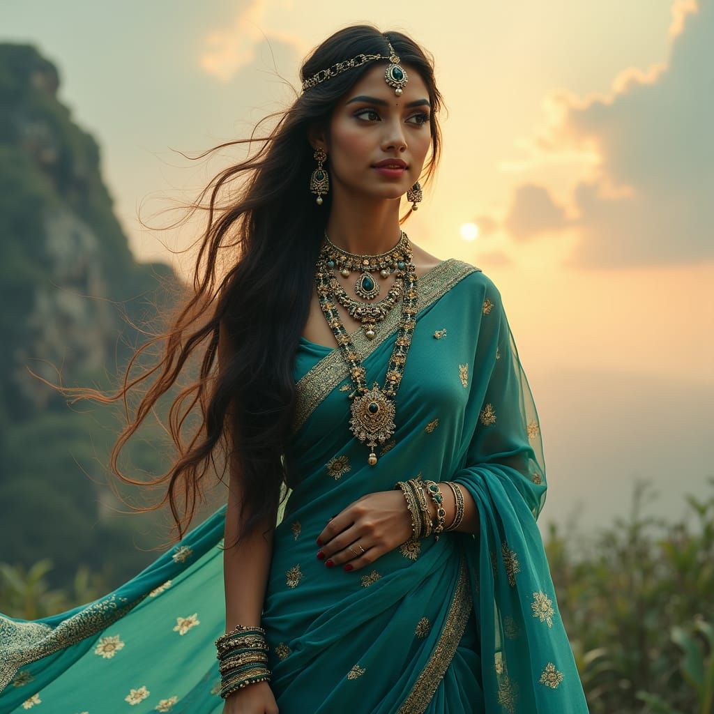 Majestic Indian Woman in Emerald and Sapphire Saree