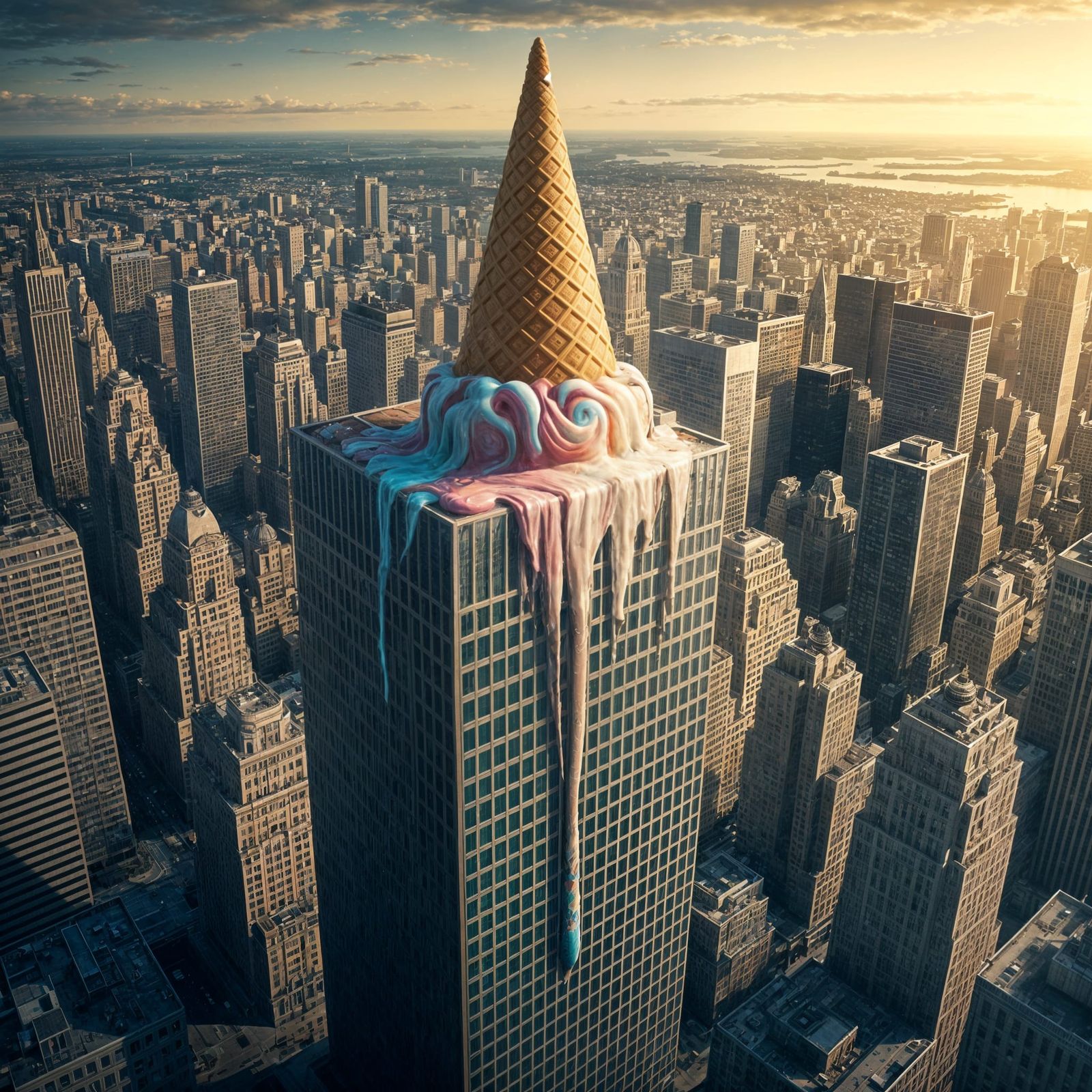 Giant Ice Cream Melts Skyscraper in Surreal Cityscape