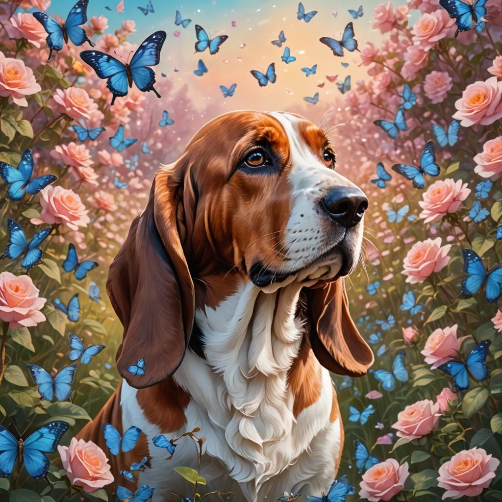 Anime Basset Hound in Rose Field Portrait