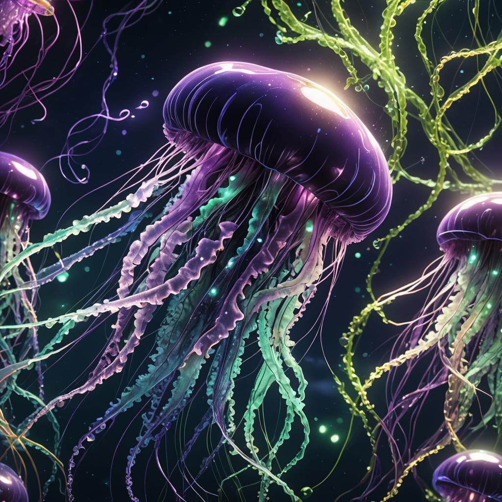 Bioluminescent Jellyfish Radiating Starry Patterns in 3D