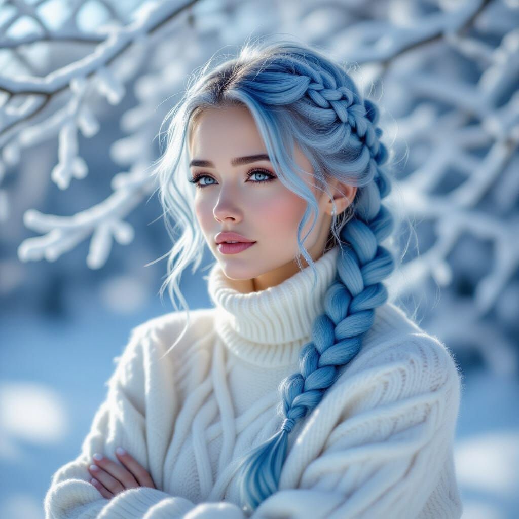 Sad Woman in Winter Light with Frosty Shadows