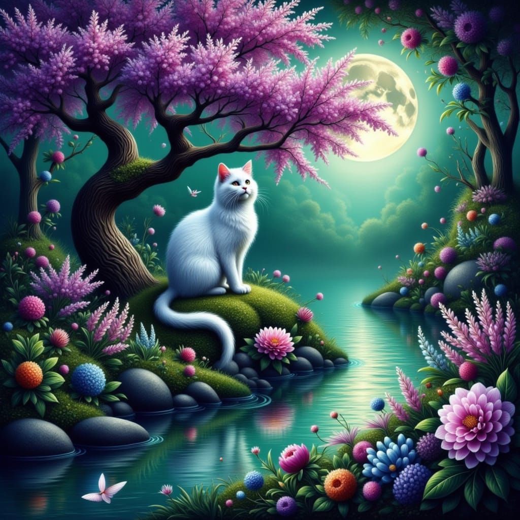Whimsical Gothic Cat in a Mystical Japanese Garden
