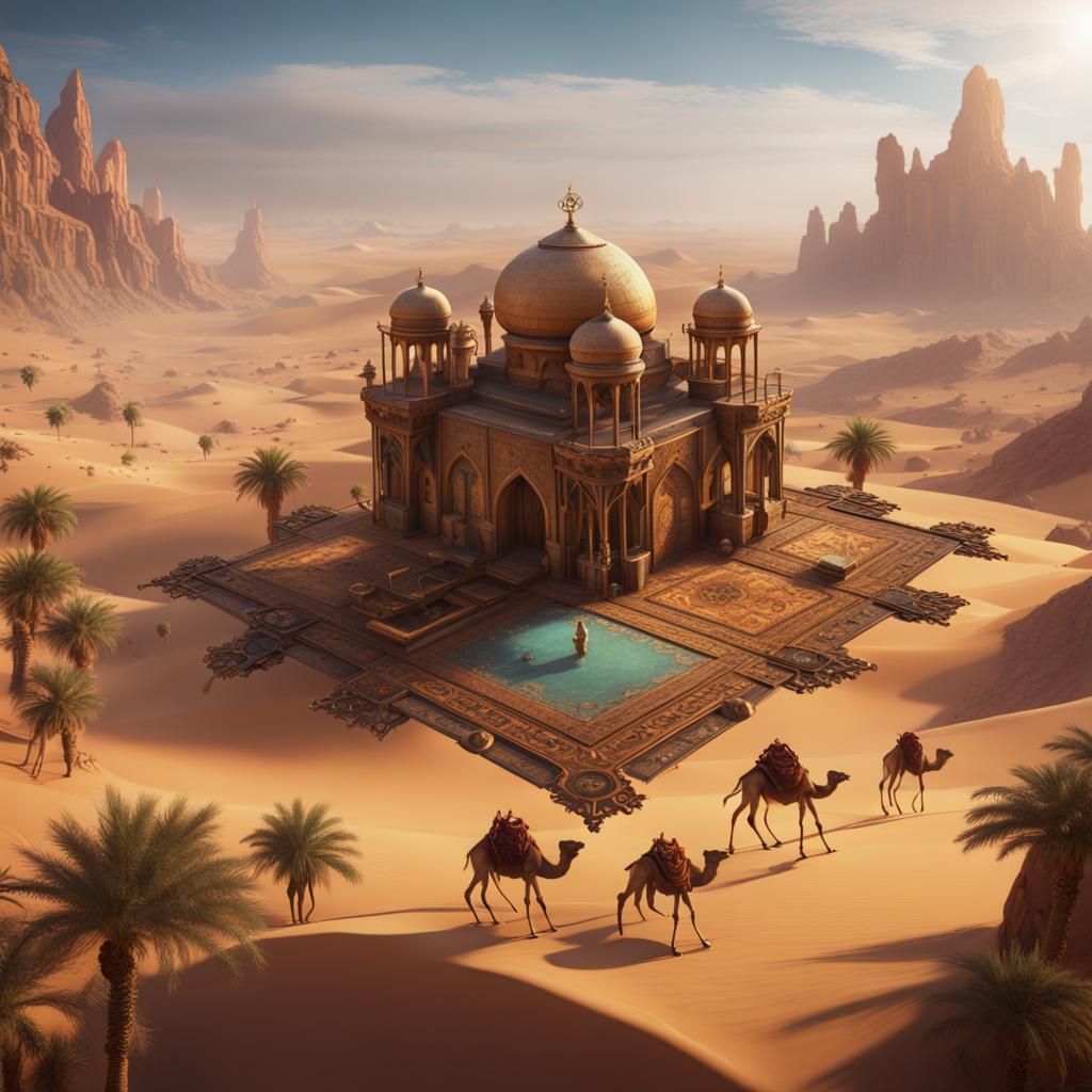 Steampunk Flying Carpet Over Desert Oasis