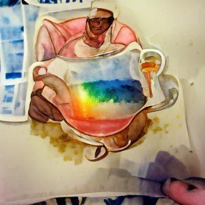 Person Drinking Tea in Iridescent Watercolor