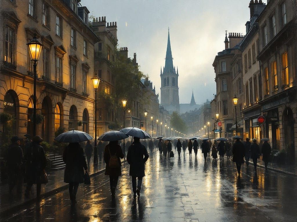 Rainy European Street Scene as Oil Painting