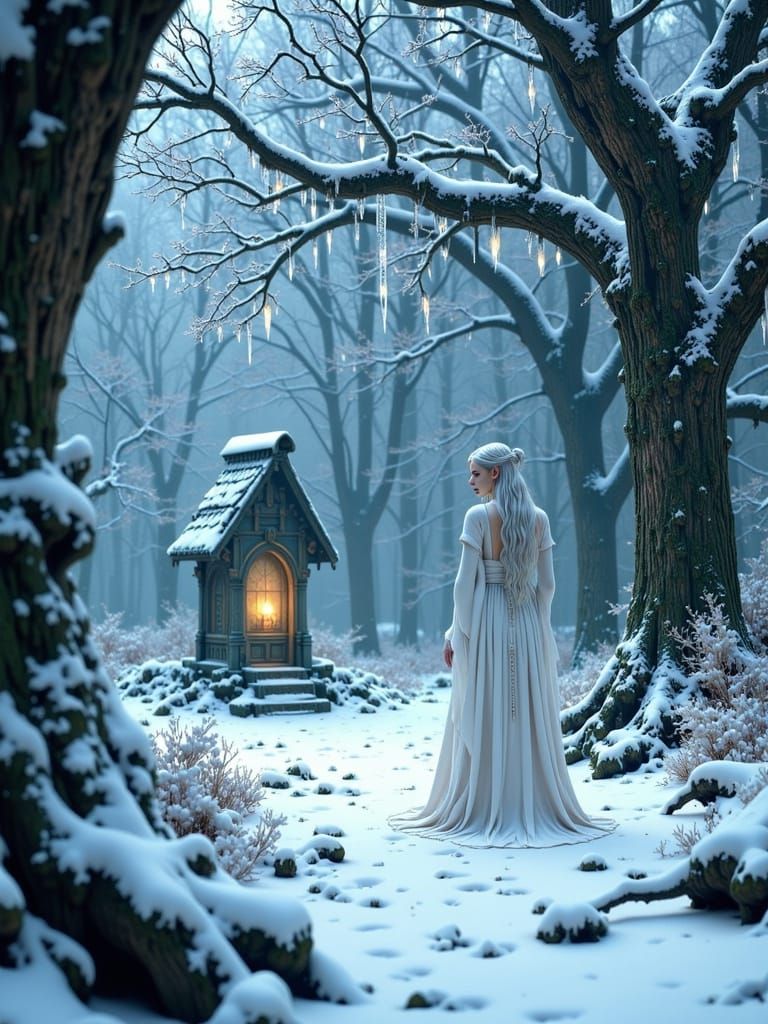 Ethereal Elven Priestess at Winter Shrine