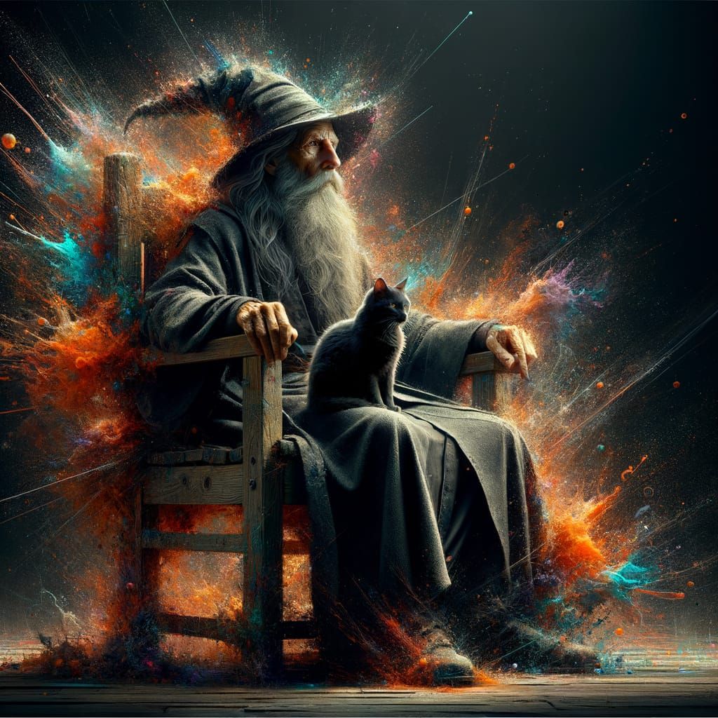 Wise Wizard Sits With Black Cat in Dramatic Light