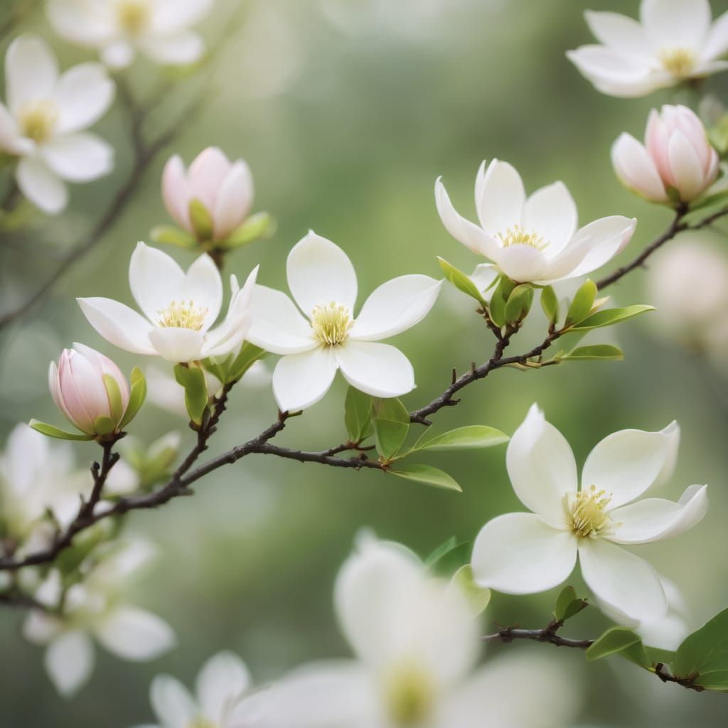 Soft Focus Star Magnolia Blooms in Dreamy Watercolor Style