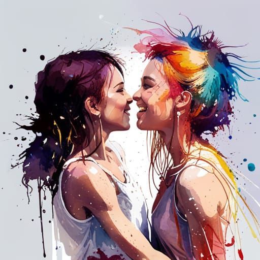 Smiling Girls on Beach in Watercolour Splash Art