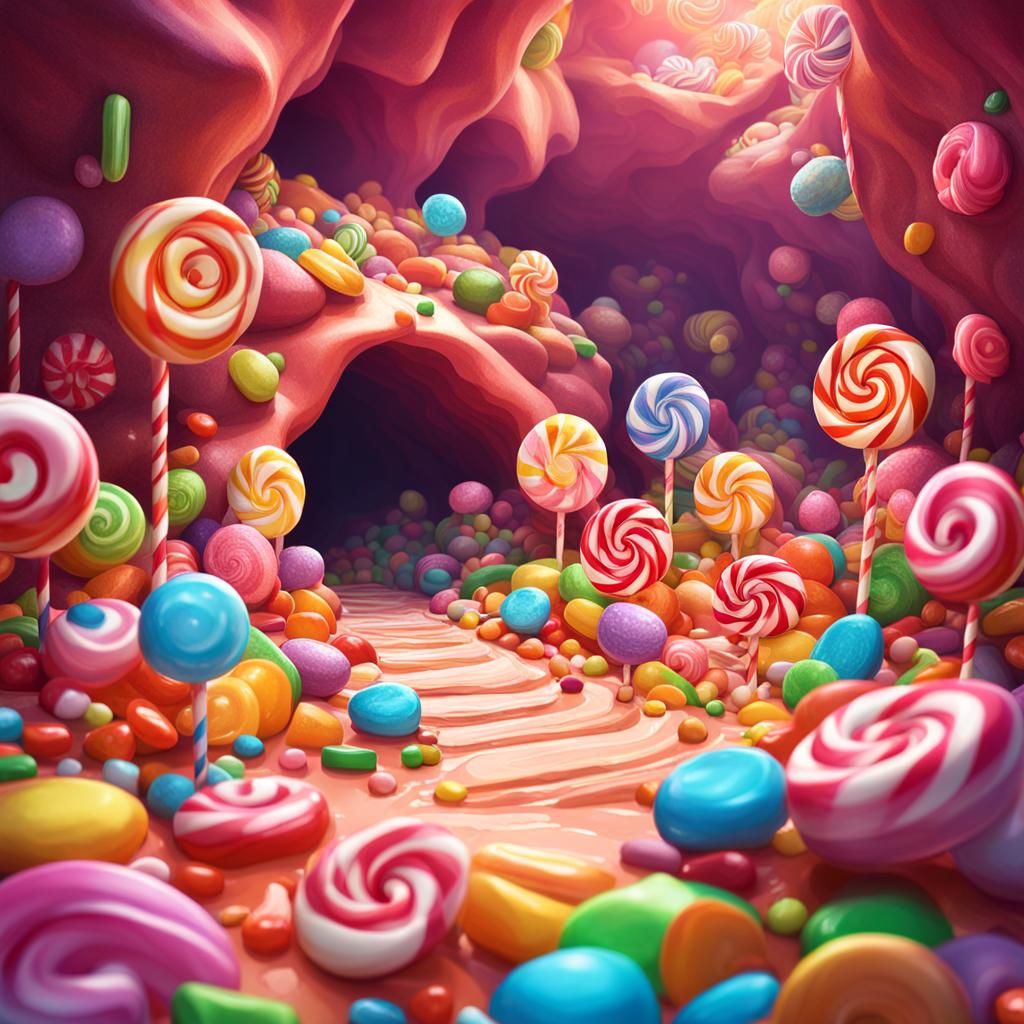 Whimsical Candy Cave in Hyperrealistic Digital Art